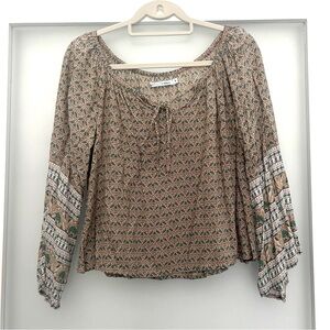 Faithfull the Brand bird print blouse tan green Small